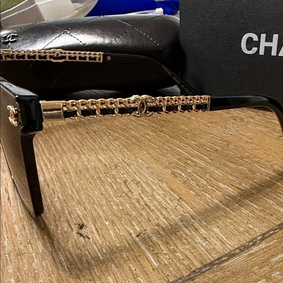 Chanel Black & Gold Leather Sunglasses - Picture 5 of 10